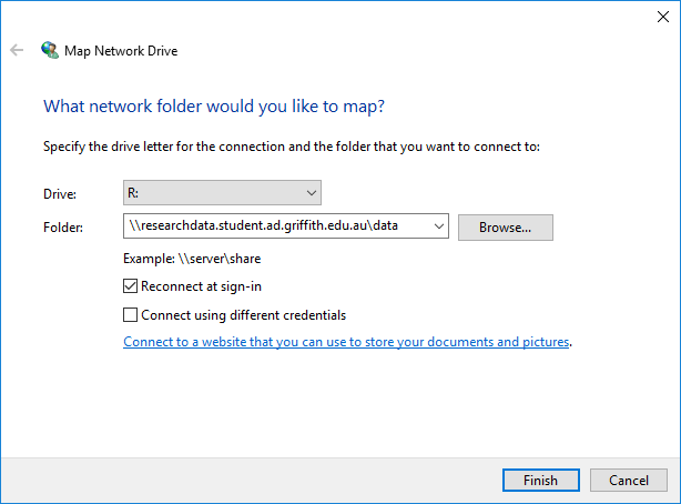 screenshot of map network drive setting 